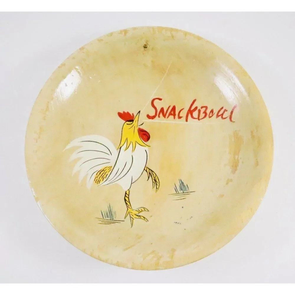 VTG Nevco Wood Rooster Snack Bowl Hand Painted No Handle Primitive Country Japan